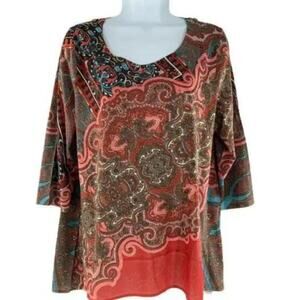 French Blue Women's Multicolor Paisley Shirt Back Embroidered 3/4 Sleeves Top XL